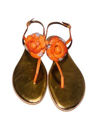 Vince Camuto Orange Snake-Embossed Flat Sandals 9 Gold Leather Flower Accent